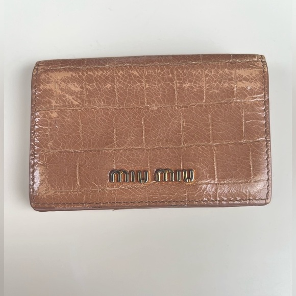Miu Miu Handbags - Miu Miu croc embossed leather card holder in tan neutral and Gold hardware